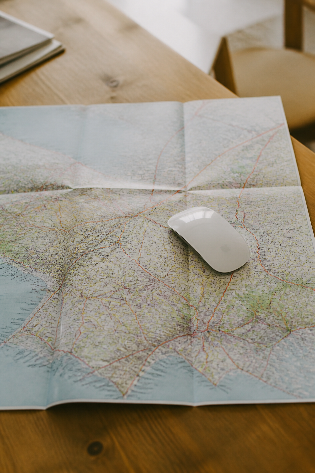 Carte routière papier dépliée sur une table, une souris d'ordinateur posée à côté sur le plan de travail.