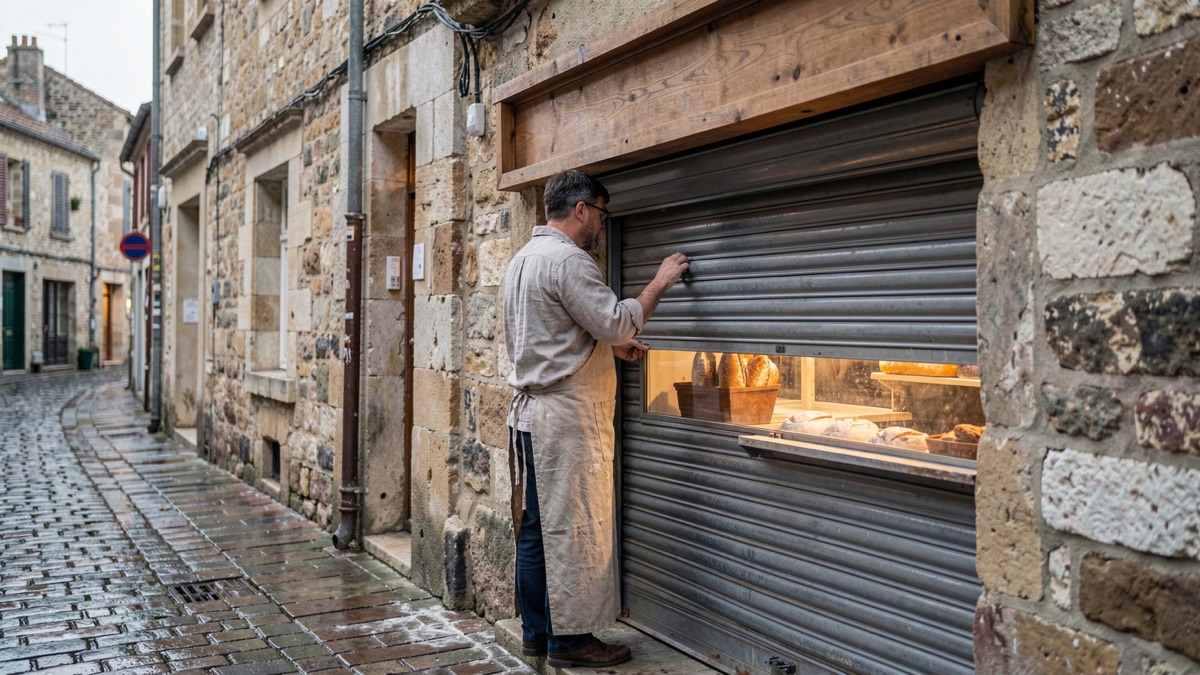 Rue commerçante d'une petite ville française au petit matin, un commerçant en tablier relève le rideau métallique de sa boulangerie, pavés humides sous un ciel couvert.