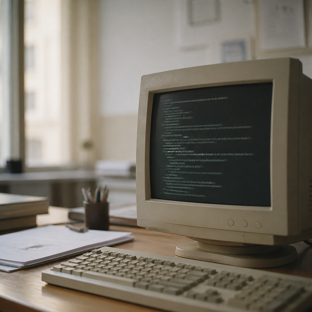 Moniteur cathodique beige des années 1990 affichant du texte clair sur fond sombre, posé sur un bureau à côté d'un clavier gris.