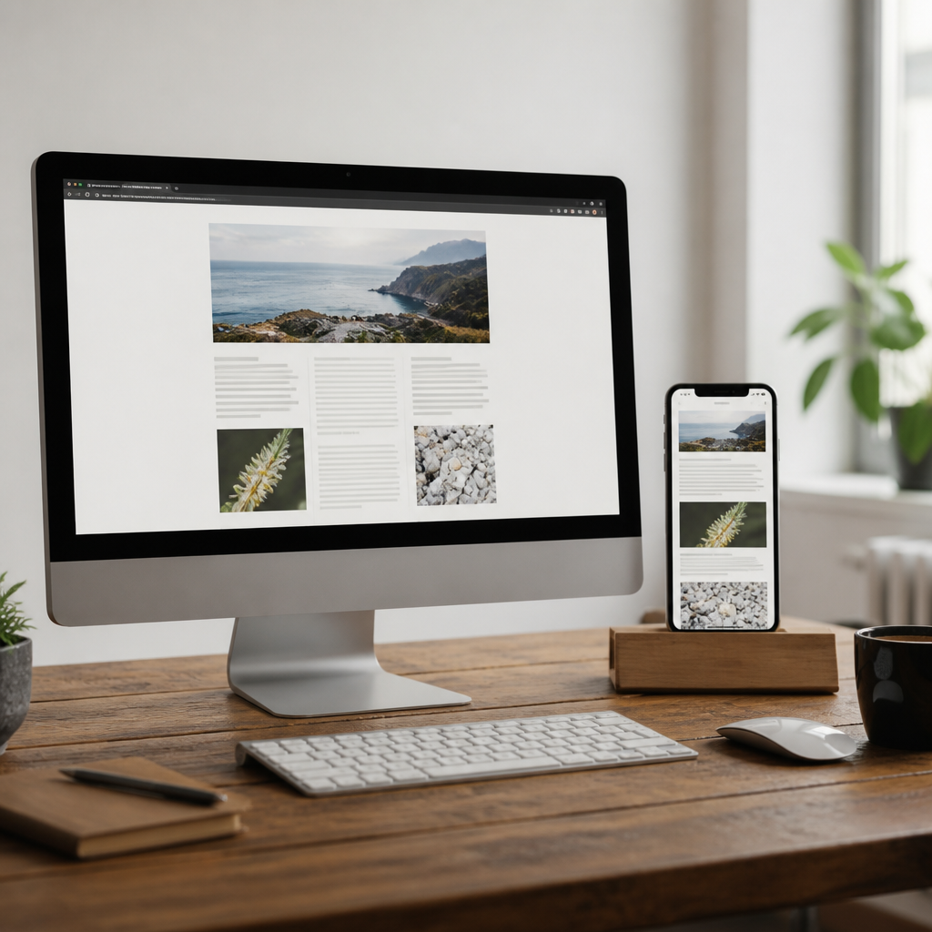 Même page web affichée sur un écran large et sur un téléphone posés côte à côte sur un bureau, la mise en page passant de trois colonnes à une seule.