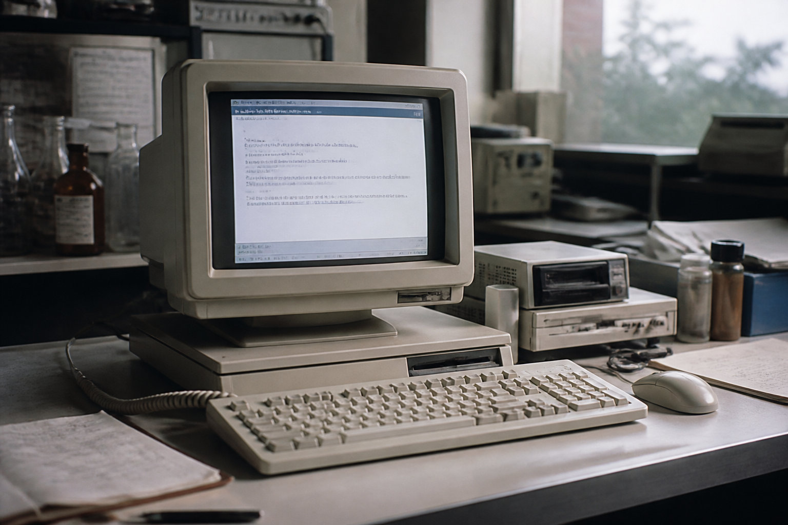 Station de travail des années 1990 posée sur un bureau de laboratoire, écran allumé affichant une page de texte avec des mots soulignés.